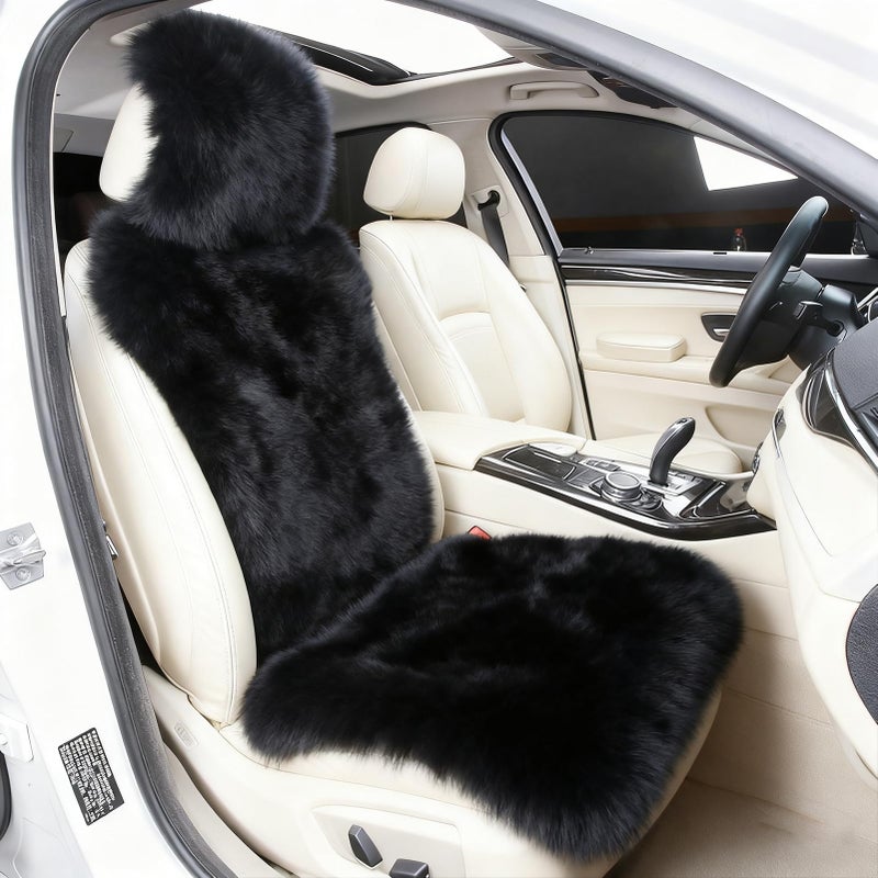 OGLAND Sheepskin Fur Car Seat Covers, Universal Size Australian Long Wool Car Seat Cushion for Adult Man Women, 1 Piece Seat (Black) - Image 2